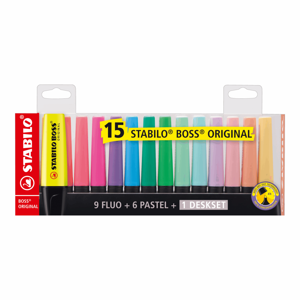 15 Surligneurs fluorescents et pastel originaux STABILO BOSS - Jeu de 15 couleurs assorties