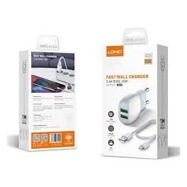 Chargeur mural LDNIO A2218 avec câble USB-C, 2 ports USB, 12 W, blanc