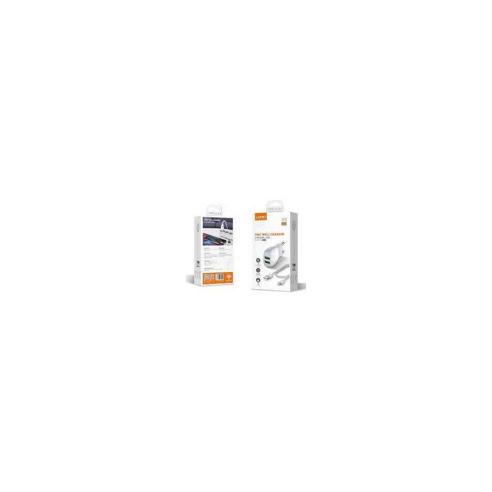 Chargeur mural LDNIO A2218 avec câble USB-C, 2 ports USB, 12 W, blanc