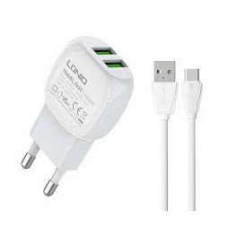 Chargeur mural LDNIO A2218 avec câble USB-C, 2 ports USB, 12 W, blanc