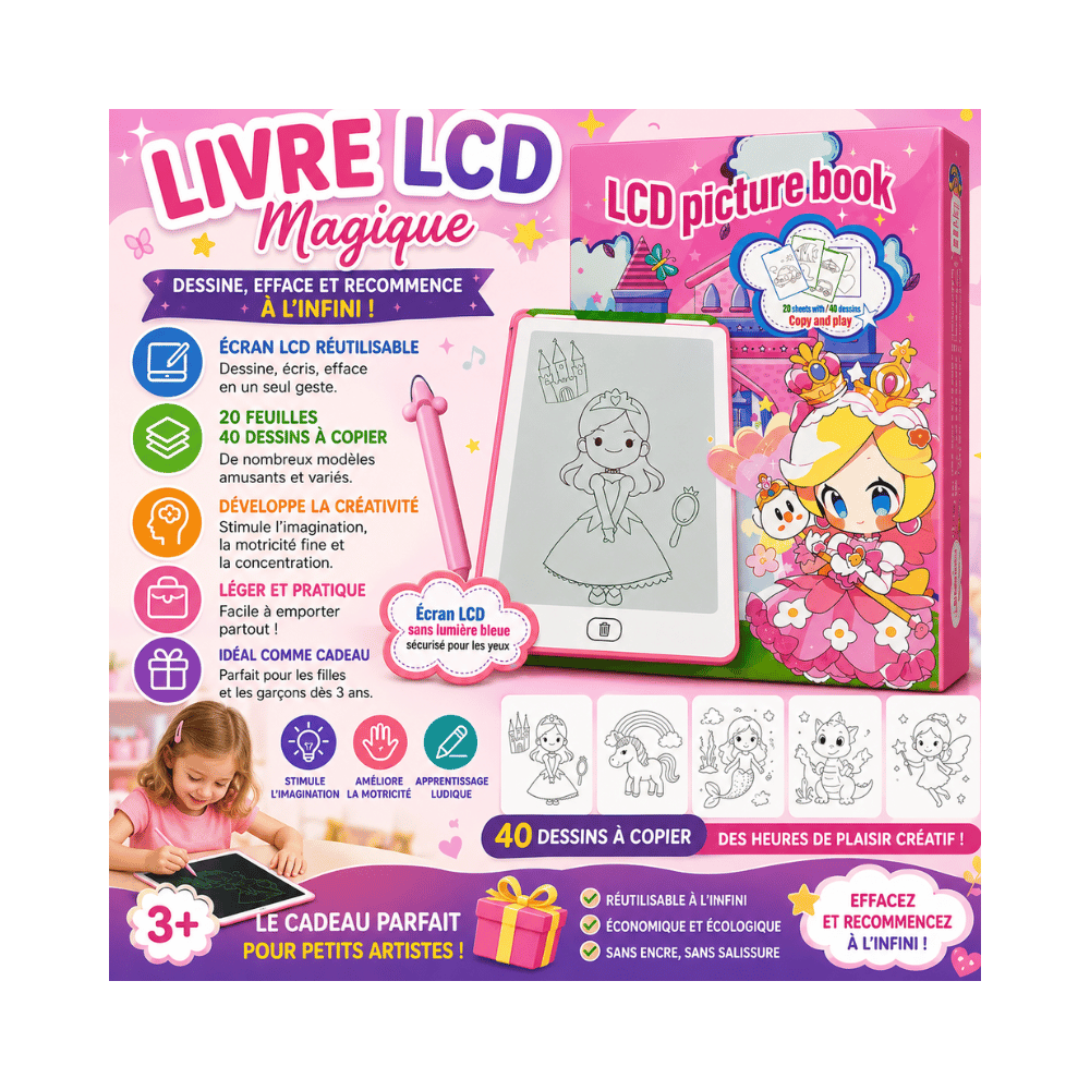 Tablette Magique Éducative LCD pour Enfants avec 20 Papiers de Dessins
