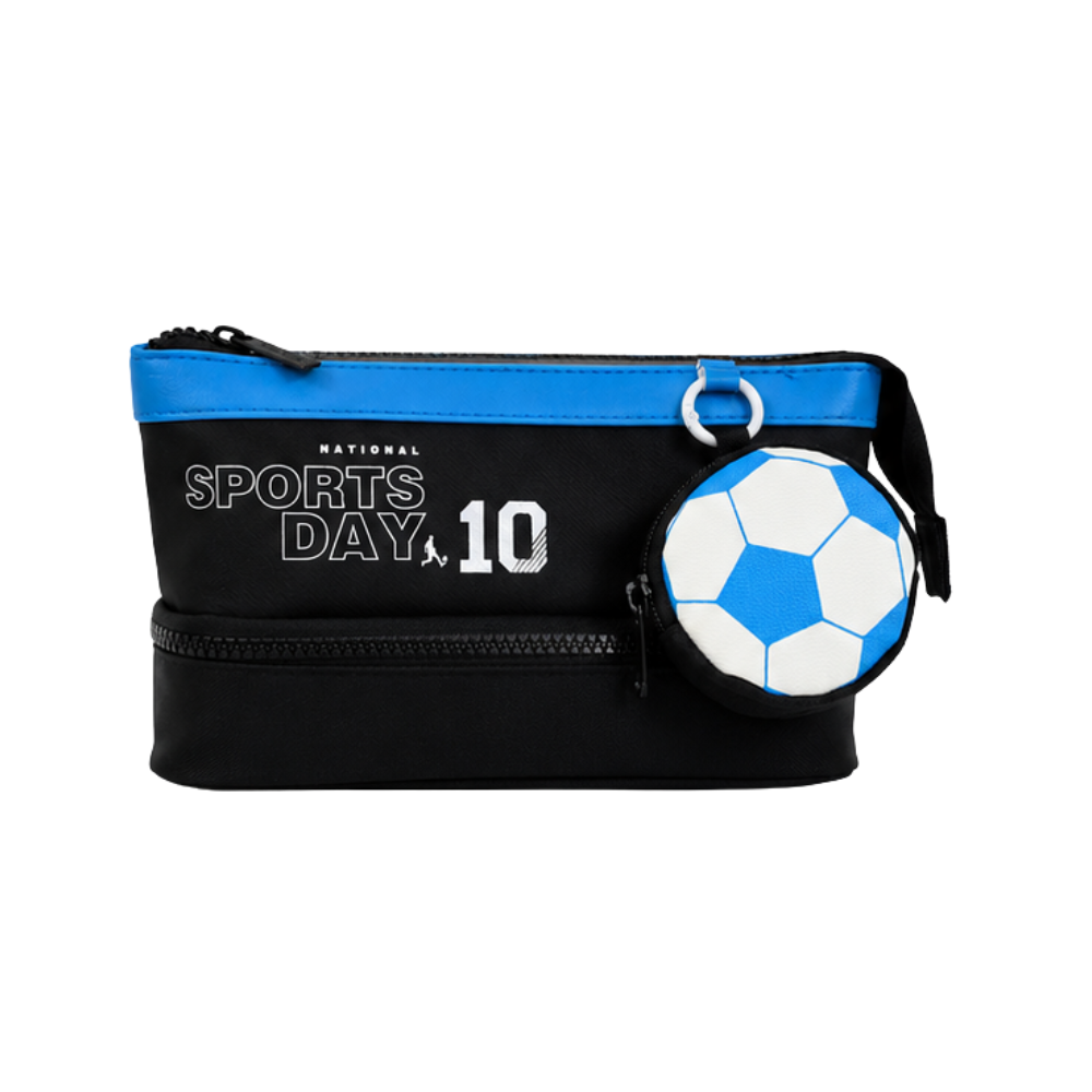 Trousse scolaire sportive noire et bleue au design inspiré du football