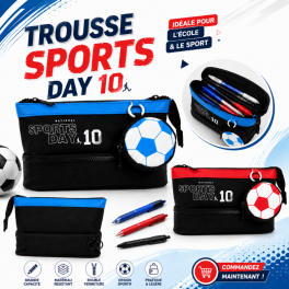 Trousse scolaire sportive noire et bleue au design inspiré du football