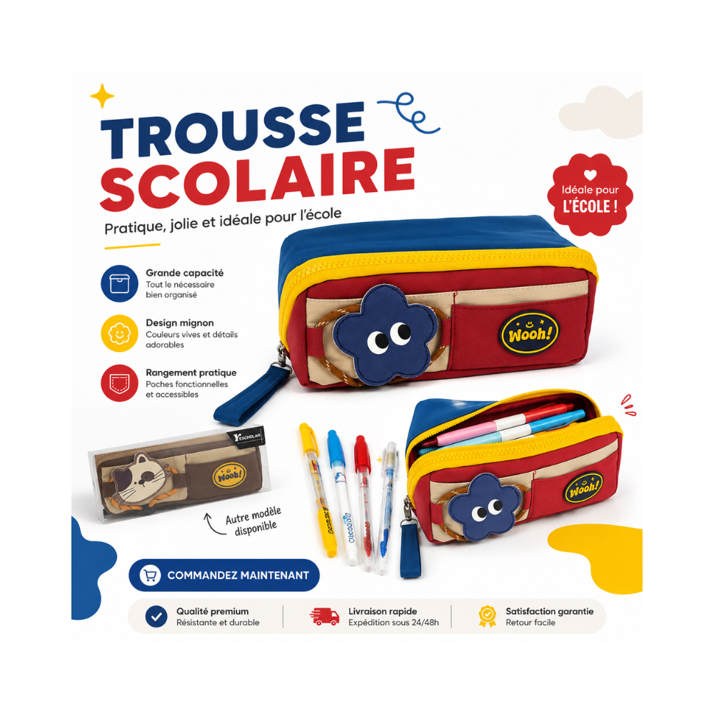 Trousse scolaire rectangulaire au design coloré et original