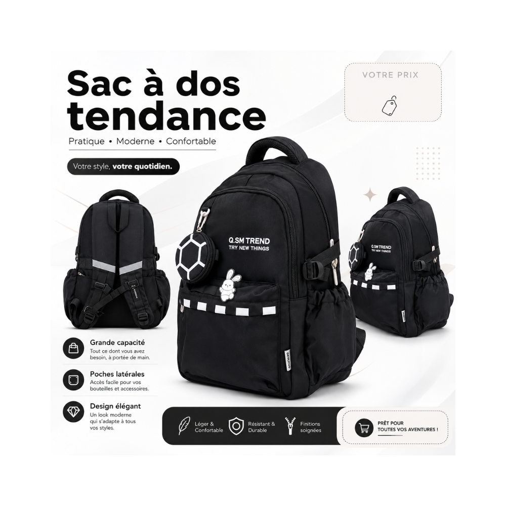 Sac à dos scolaire tendance en noir