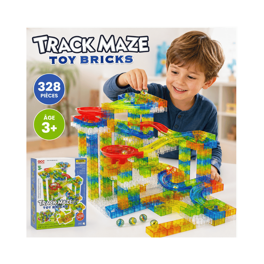 Circuit de billes Track Maze composé de 328 pièces colorées et transparentes