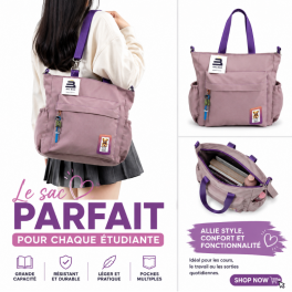 Sac cabas pour étudiante couleur rose poudré avec anses violettes