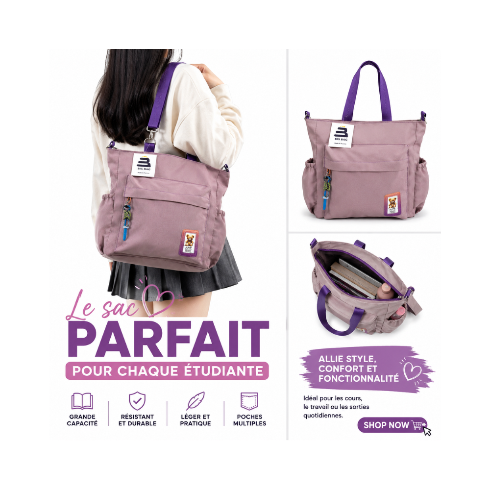 Sac cabas pour étudiante couleur rose poudré avec anses violettes