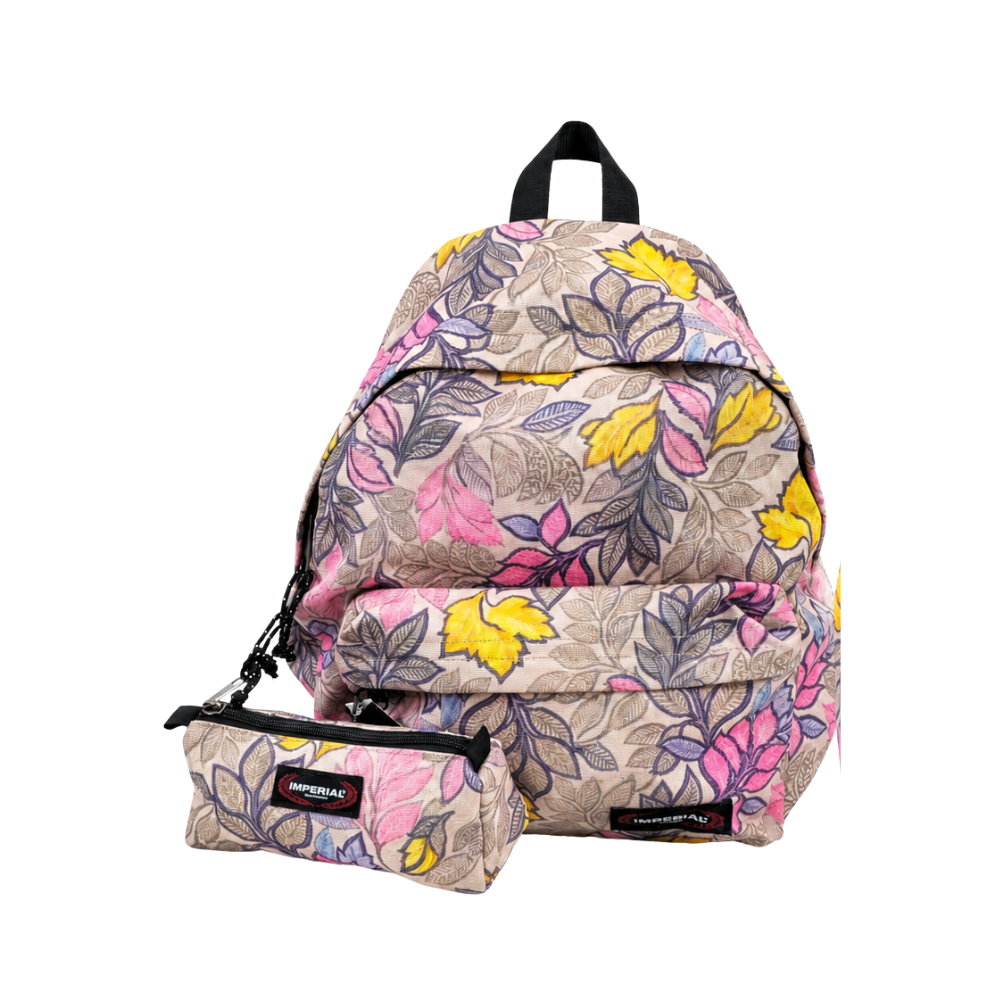 Sac à dos scolaire Imperial à imprimé floral, accompagné d’une trousse assortie