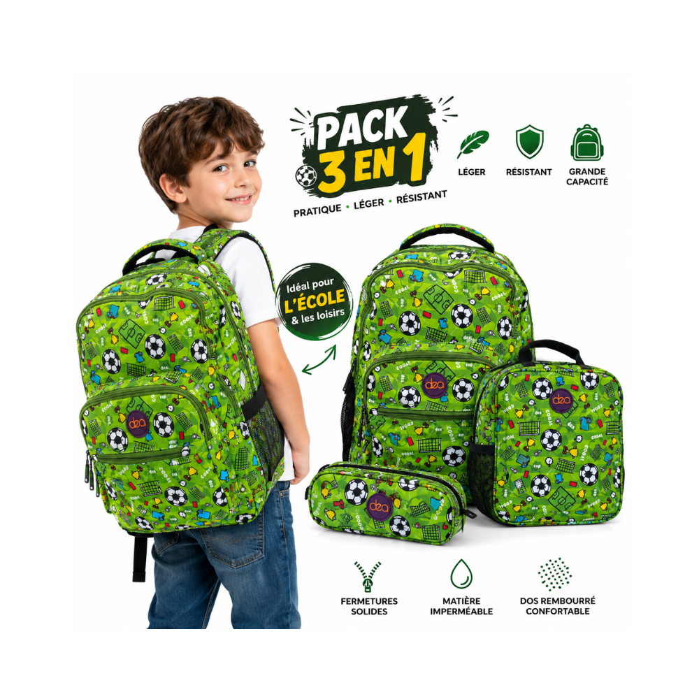 Pack scolaire 3 en 1 pour garçon à motif football