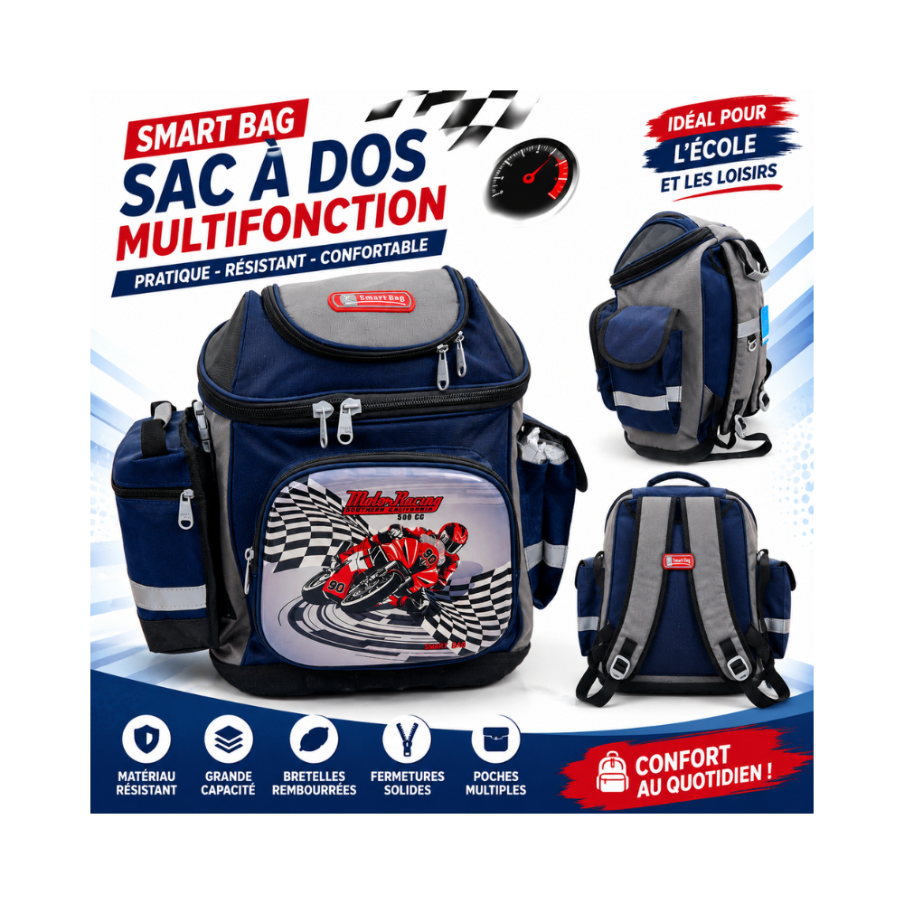 Sac à dos scolaire multifonction Smart Bag au thème moto racing
