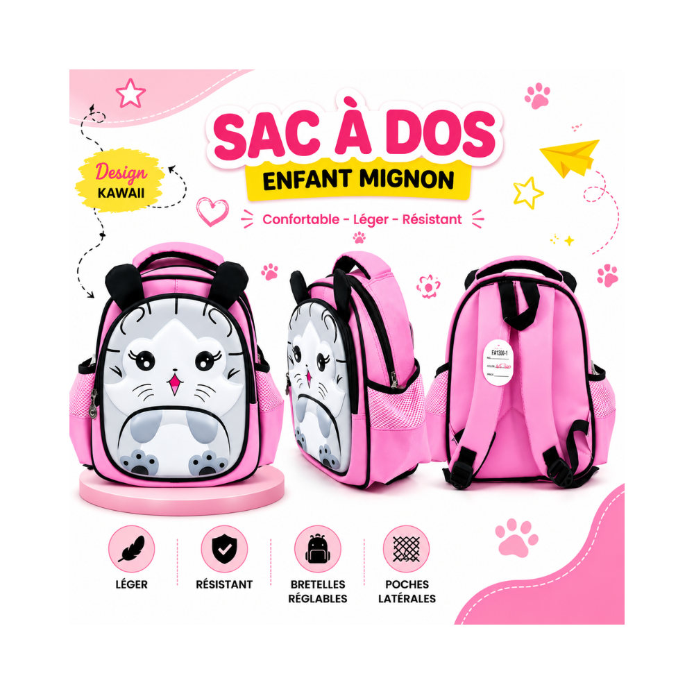 sac à dos rose pour enfant au design chat kawaii