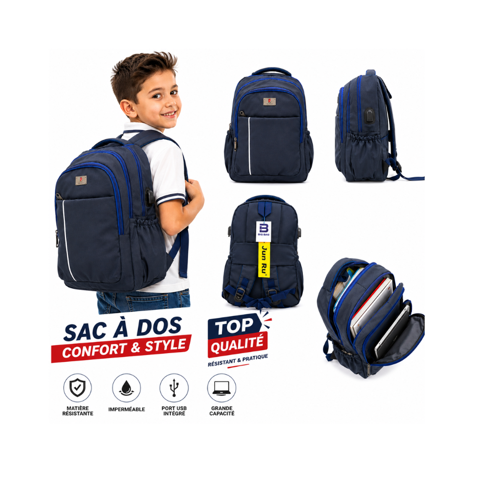 sac à dos scolaire bleu marine pour garçon