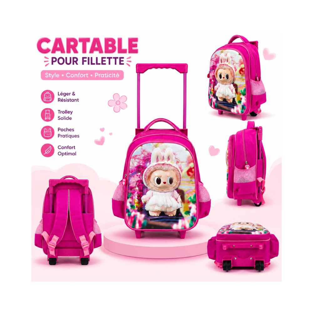 Cartable trolley pour fillette au design joyeux et coloré