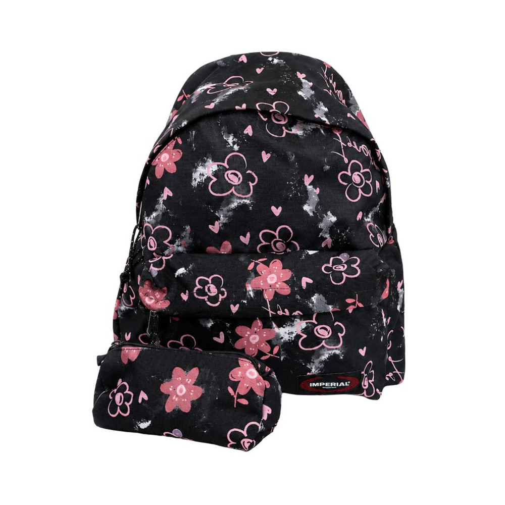 sac à dos scolaire IMPERIAL noir, décoré de fleurs,