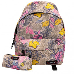 Sac à dos IMPERIAL beige à motif feuillage avec trousse assortie
