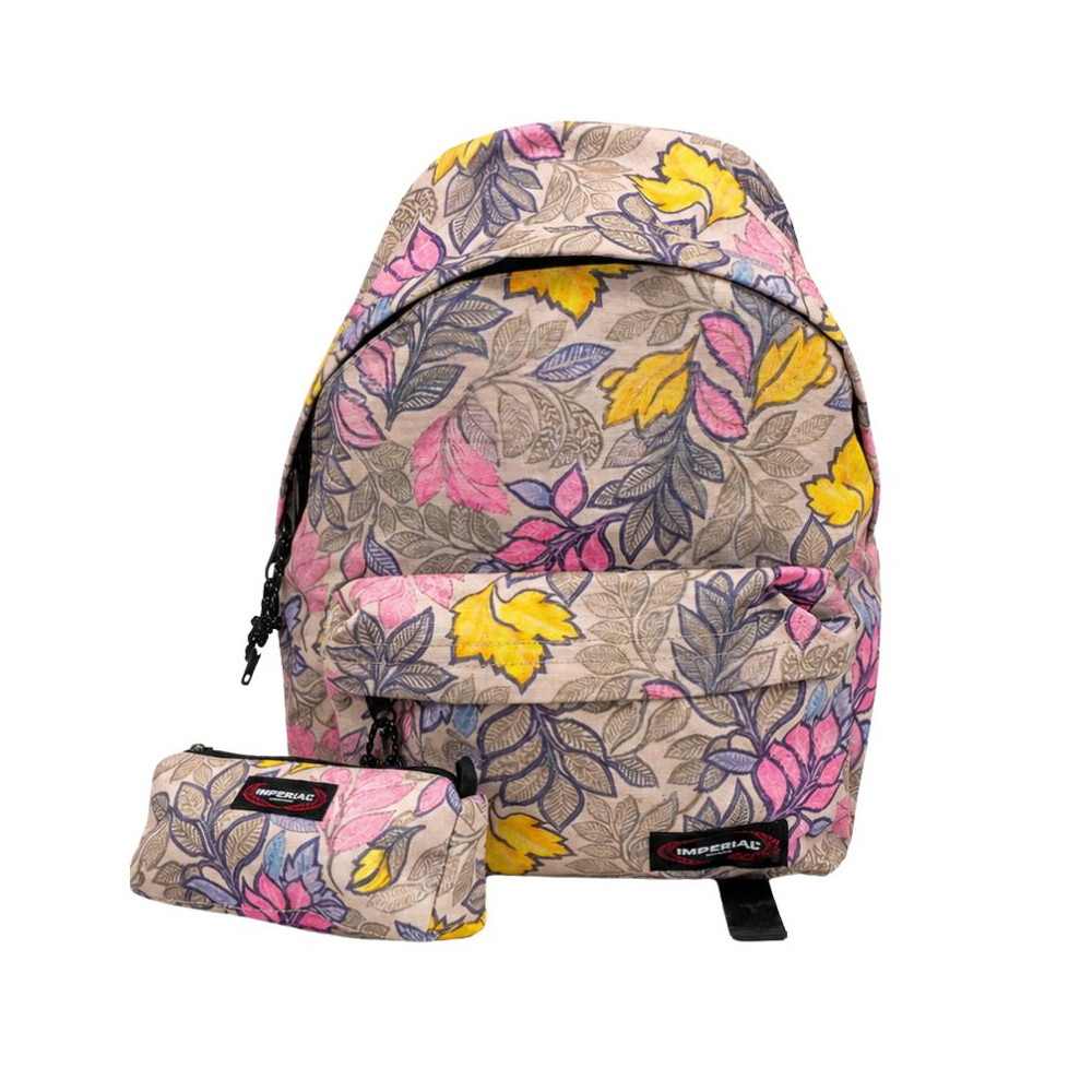 Sac à dos IMPERIAL beige à motif feuillage avec trousse assortie