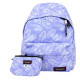 Sac à dos IMPERIAL bleu lavande à motif feuillage avec trousse assortie
