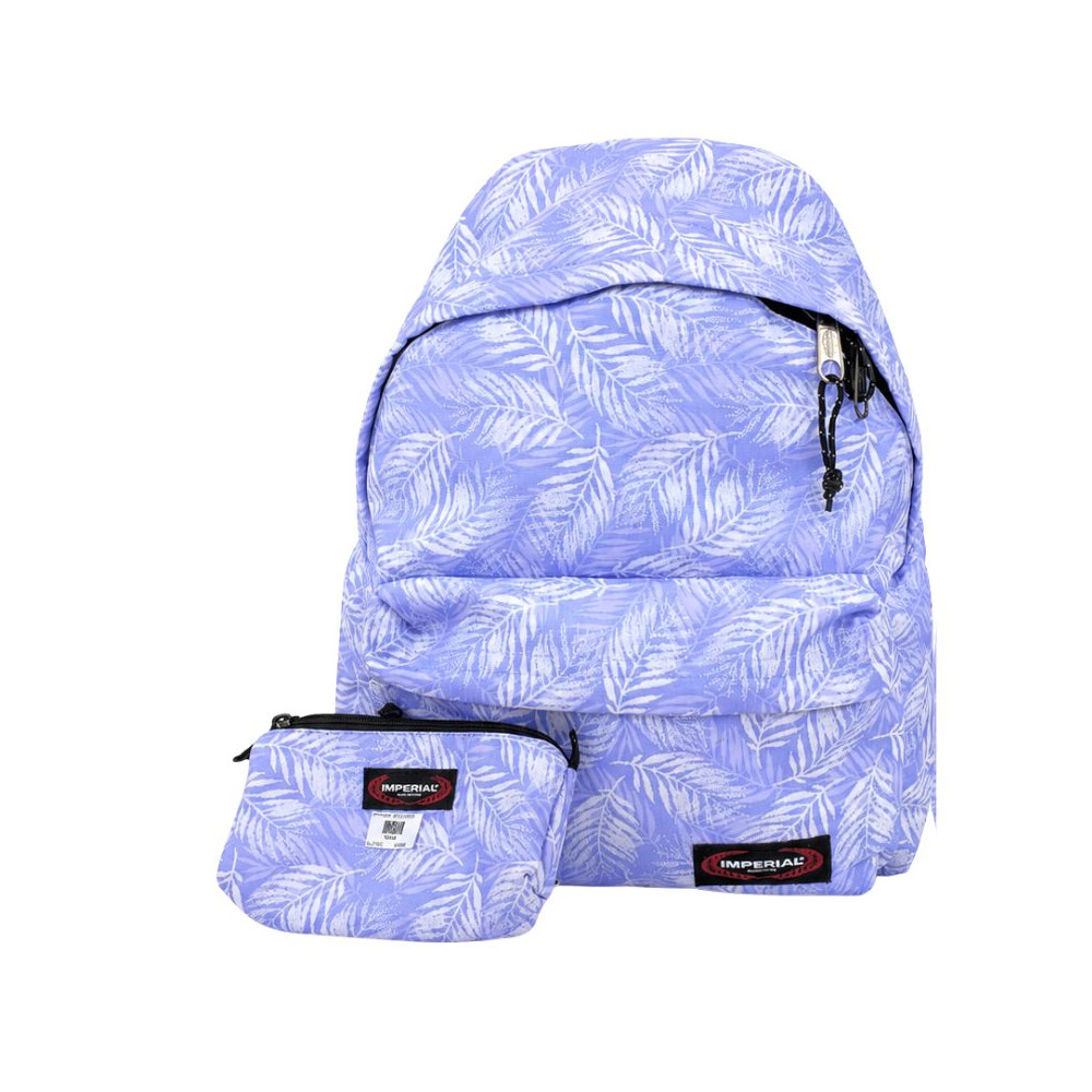 Sac à dos IMPERIAL bleu lavande à motif feuillage avec trousse assortie