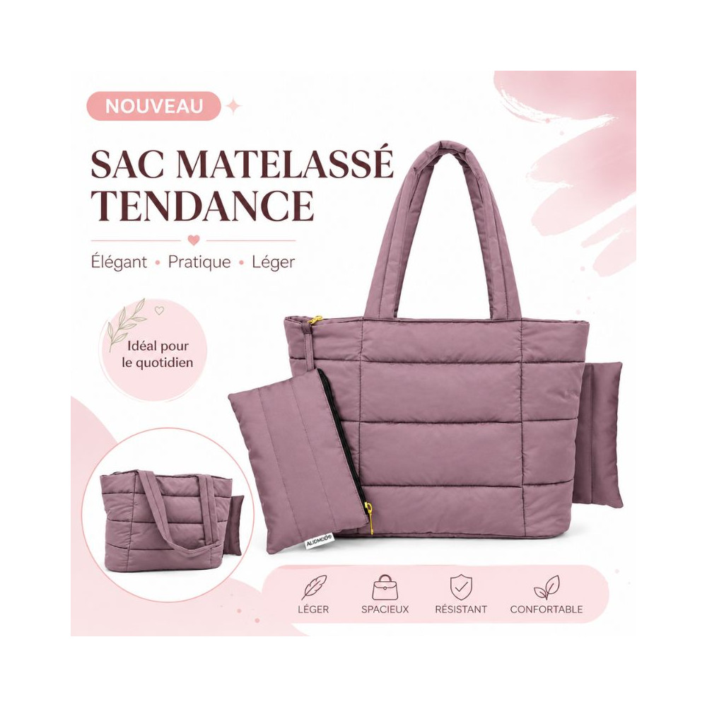 Sac matelassé tendance avec pochette assortie – Rose poudré