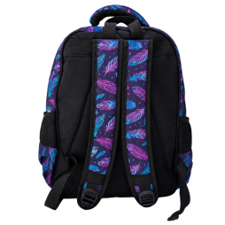 Sac à dos scolaire à motifs de plumes colorées dans des tons bleu