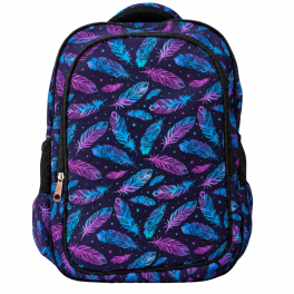 Sac à dos scolaire à motifs de plumes colorées dans des tons bleu