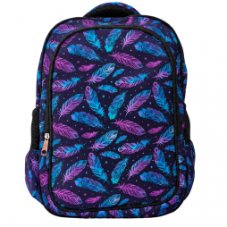 Sac à dos scolaire à motifs de plumes colorées dans des tons bleu
