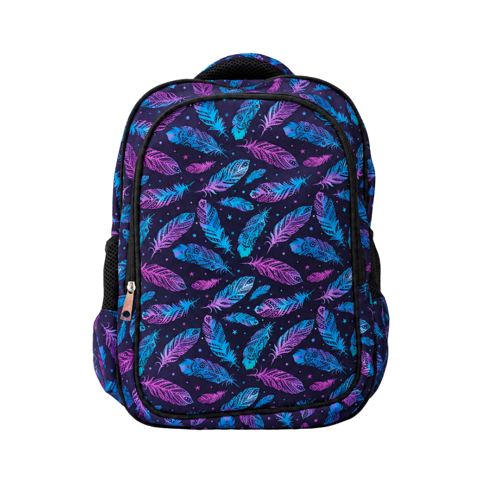 Sac à dos scolaire à motifs de plumes colorées dans des tons bleu