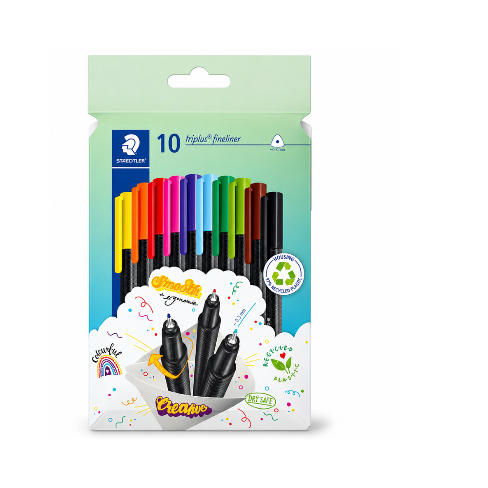 la pochette STAEDTLER Triplus Fineliner, composée de 10 stylos à pointe fine de 0,3 mm