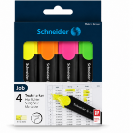 pack Schneider Job comprend quatre surligneurs aux couleurs fluorescentes et lumineuses