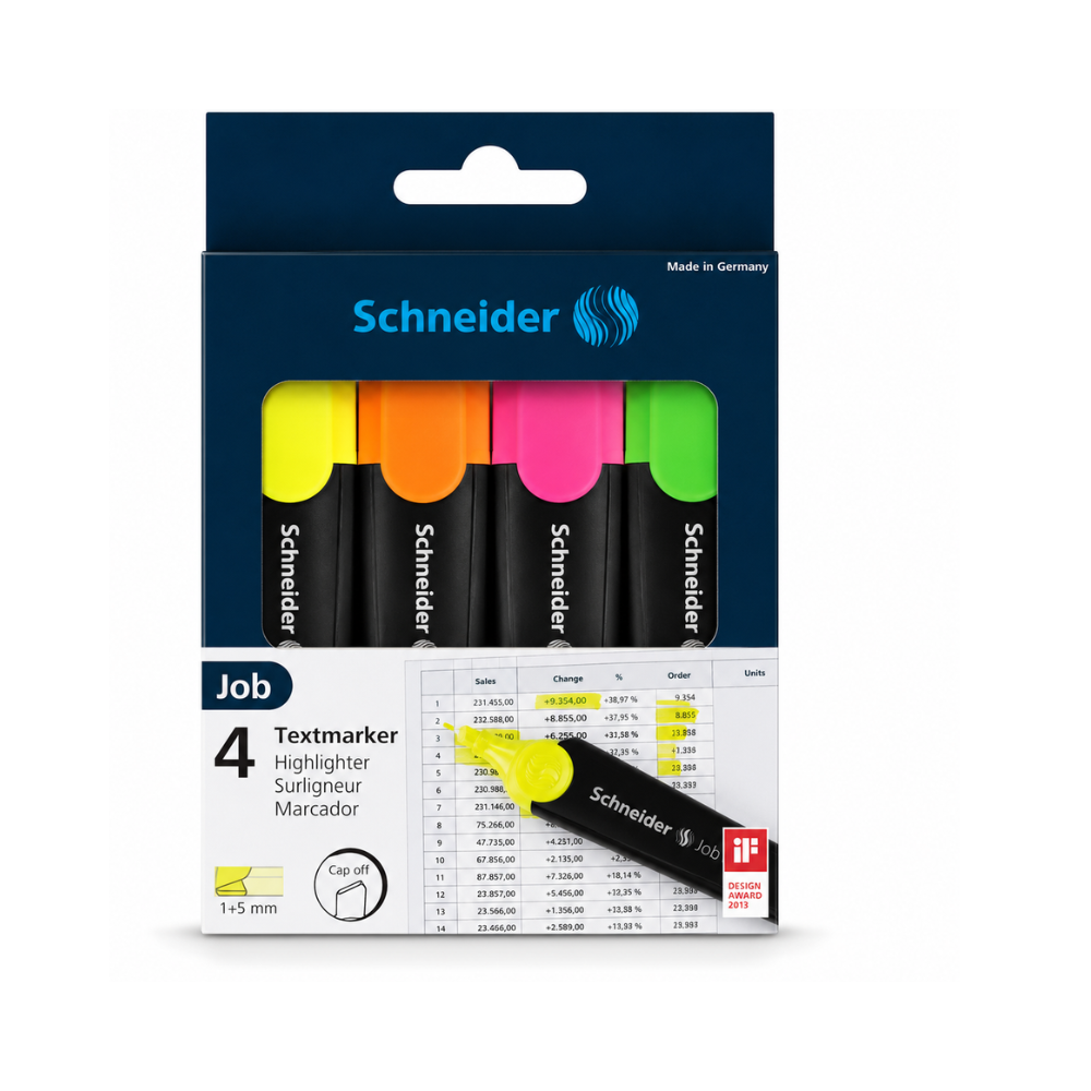 pack Schneider Job comprend quatre surligneurs aux couleurs fluorescentes et lumineuses