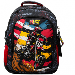 Sac à dos scolaire MUST Team noir et rouge avec motif motocross