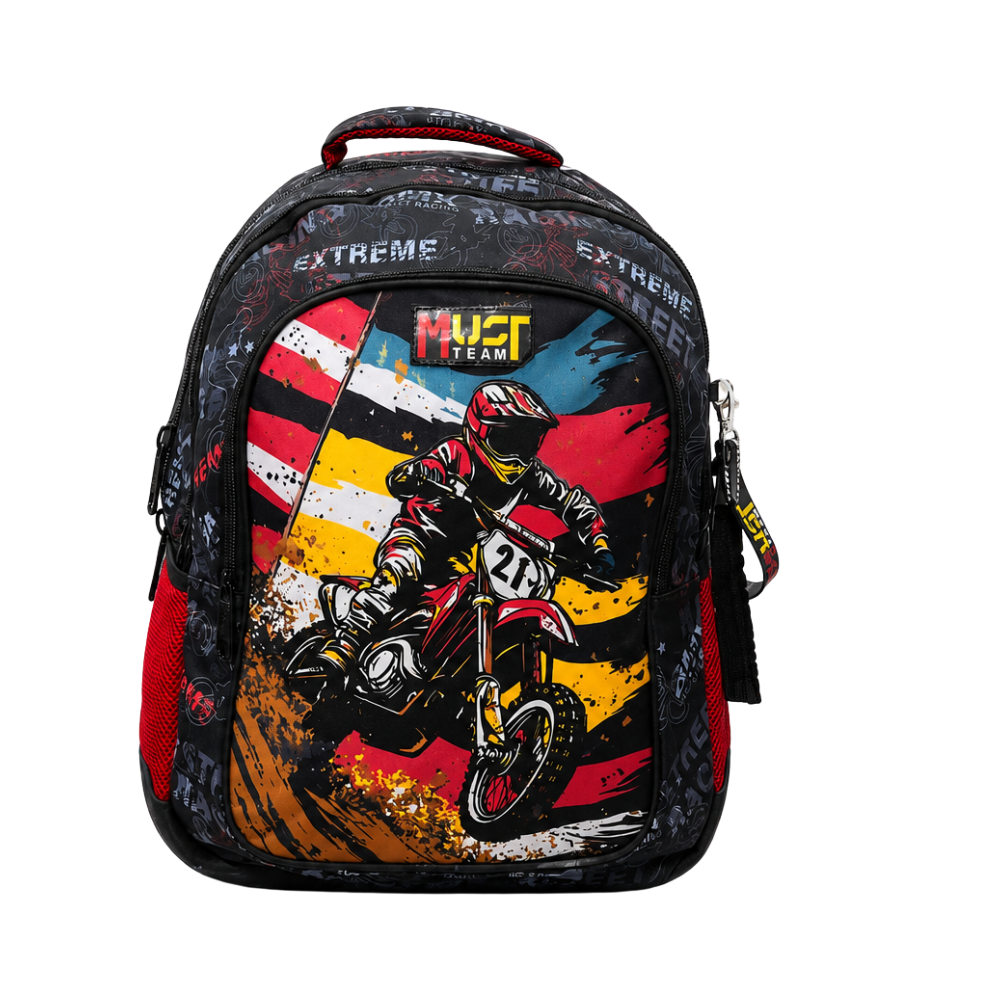 Sac à dos scolaire MUST Team noir et rouge avec motif motocross