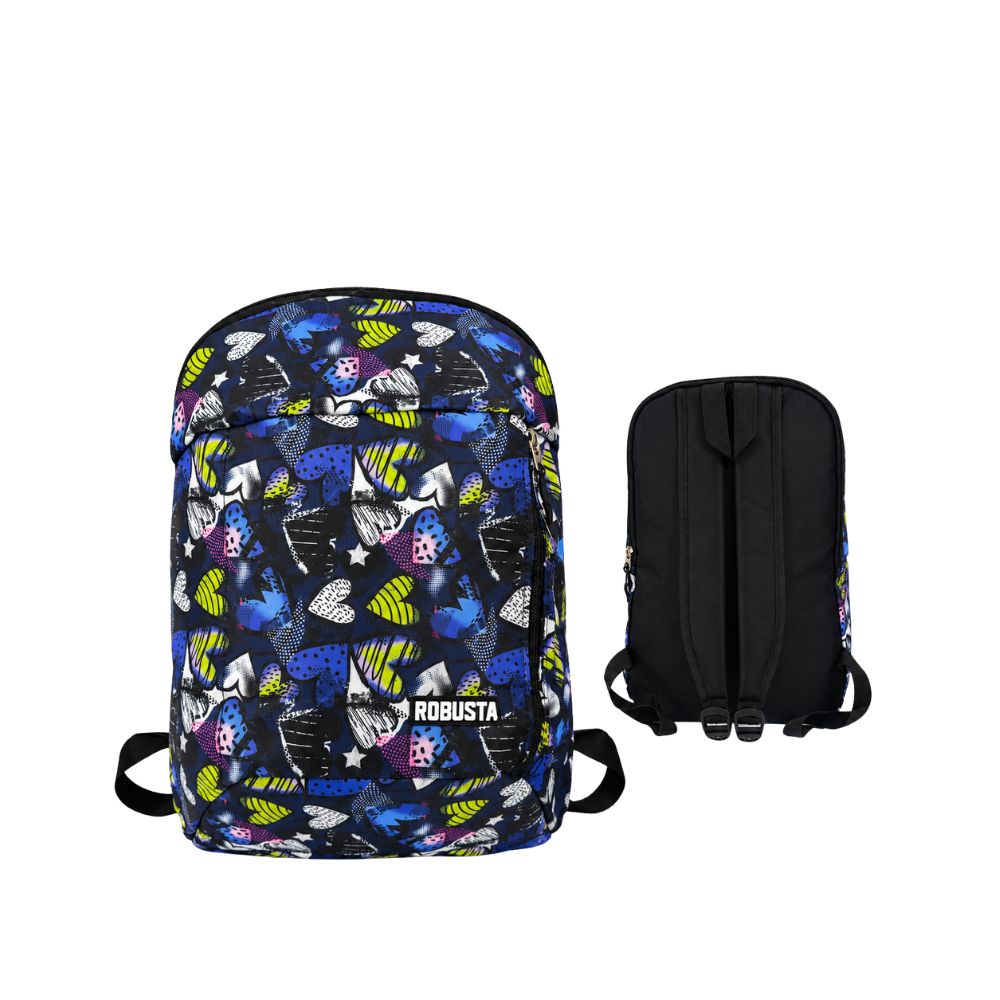 Sac à dos scolaire Robusta noir et bleu avec motifs de cœurs multicolores