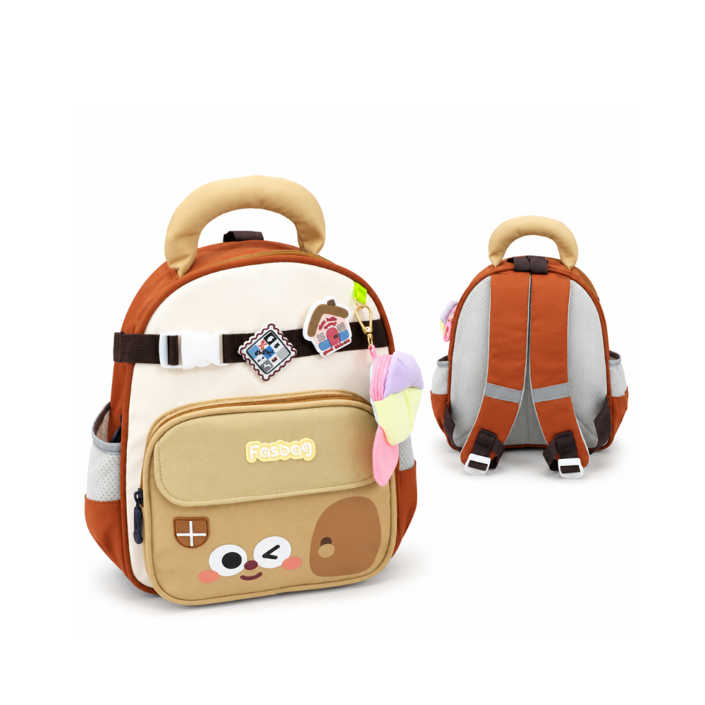 Sac à dos enfant Fasbag beige, marron et orange avec motif animal mignon