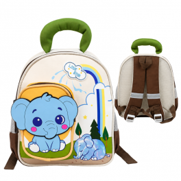 Sac à dos enfant au design éléphant, coloris crème, vert et marron, avec poche frontale illustrée