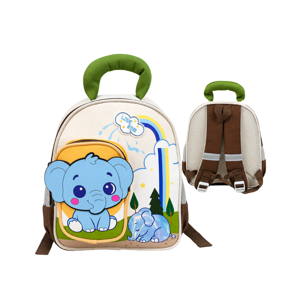 Sac à dos enfant au design éléphant, coloris crème, vert et marron, avec poche frontale illustrée