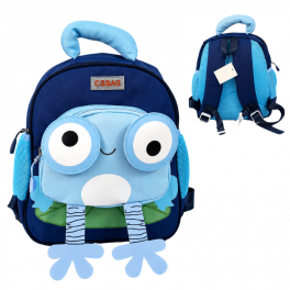 Sac à dos enfant bleu marine et bleu ciel au design ludique avec grands yeux en relief et petites pattes décoratives