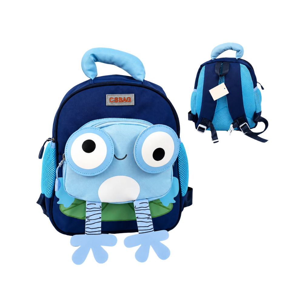Sac à dos enfant bleu marine et bleu ciel au design ludique avec grands yeux en relief et petites pattes décoratives