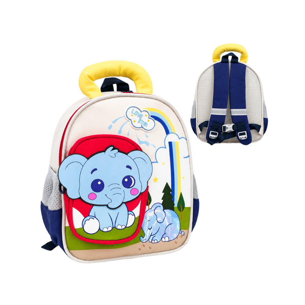 Sac à dos enfant au design tendre et coloré, décoré de deux adorables éléphants bleus
