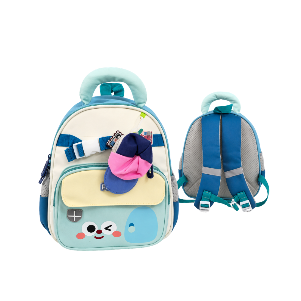 Sac à dos enfant pastel bleu et turquoise avec accessoires ludiques