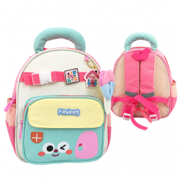 Sac à dos enfant pastel Fasbag, coloris menthe, crème, jaune et rose, avec plusieurs poches zippées