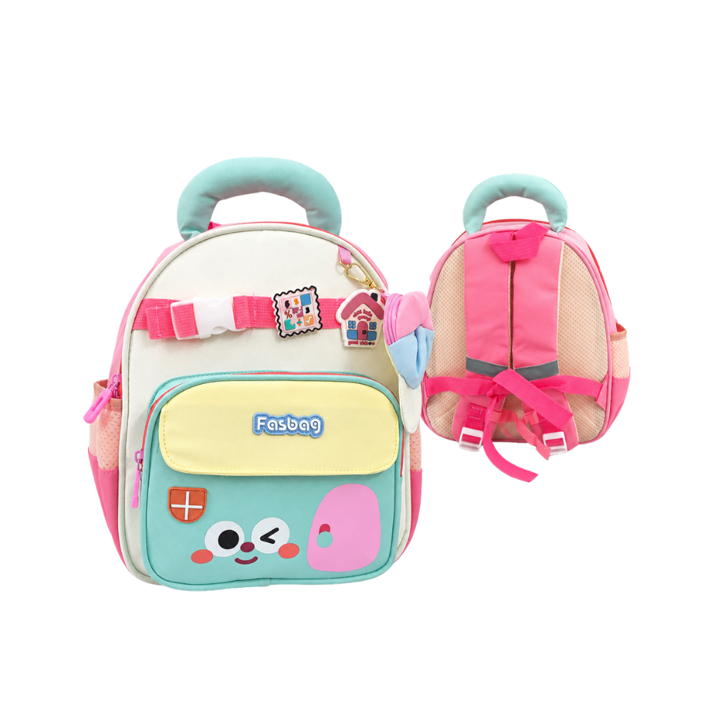 Sac à dos enfant pastel Fasbag, coloris menthe, crème, jaune et rose, avec plusieurs poches zippées