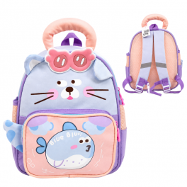 Sac à dos enfant pastel avec motif chat et poisson, poignée rembourrée