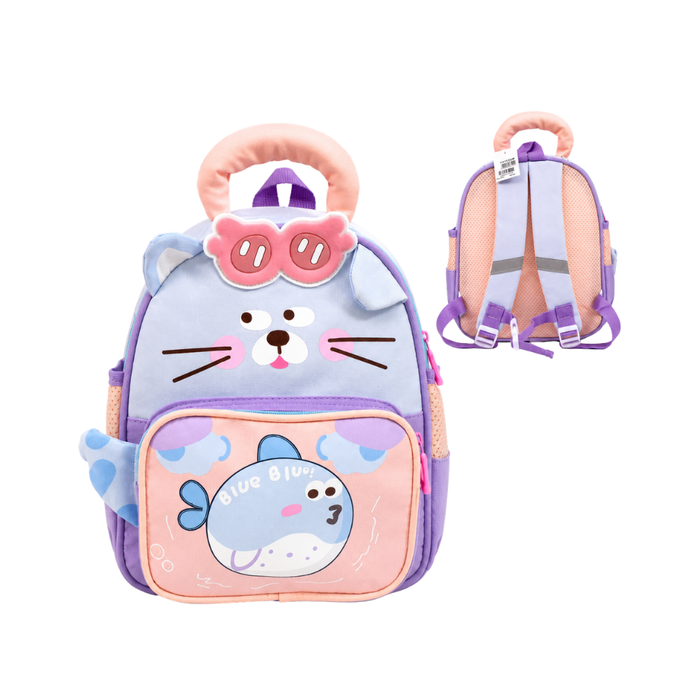 Sac à dos enfant pastel avec motif chat et poisson, poignée rembourrée