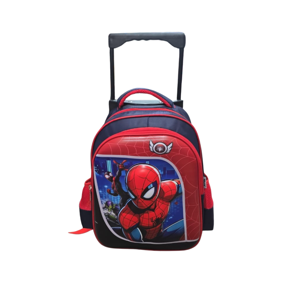 Cartable à roulettes pour garçon au design super-héros rouge, bleu et noir