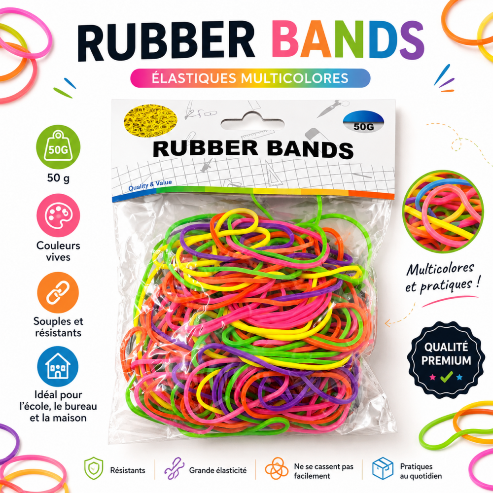 Sachet de 50 g d’élastiques en caoutchouc multicolores