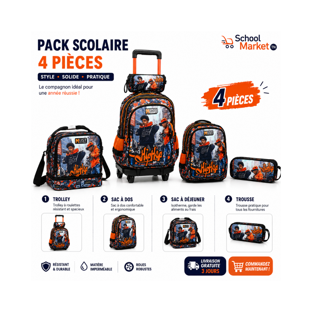 pack scolaire cartable et accessoire  Hip Hop M Team 4 pieces