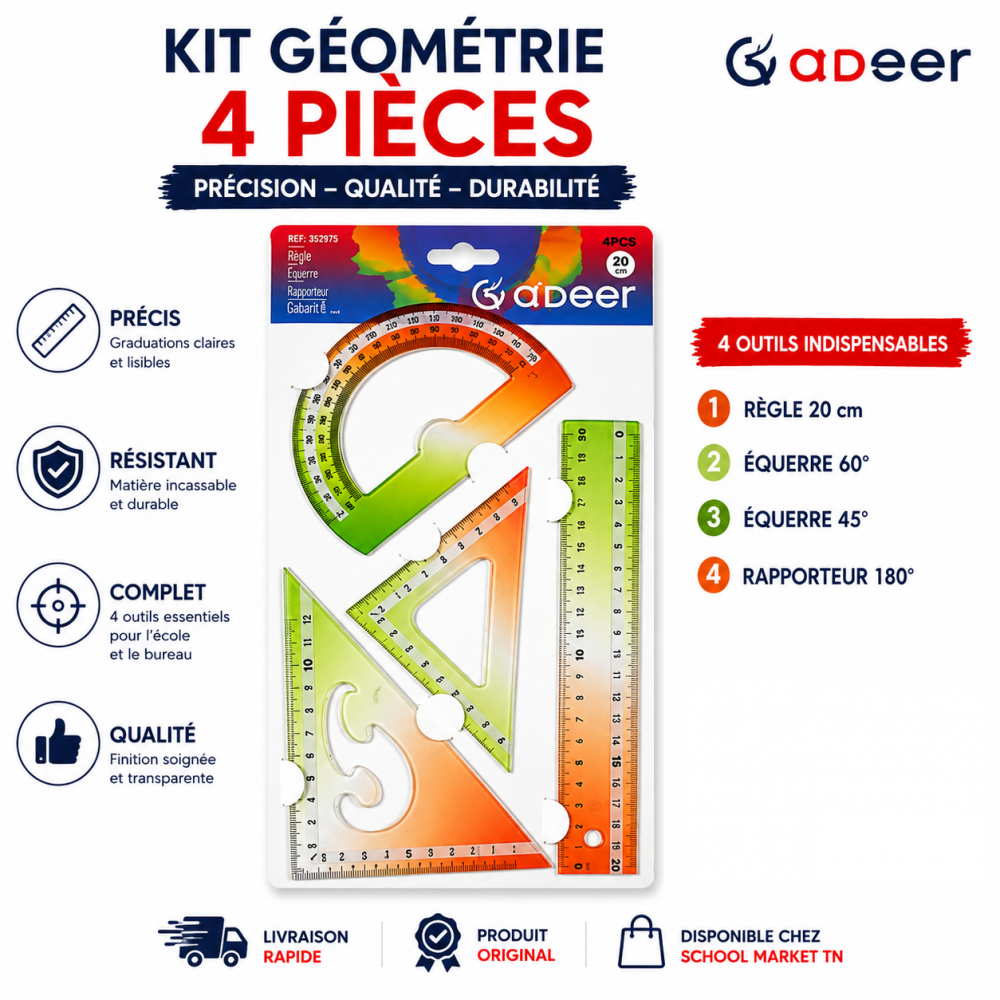 Kit de géométrie Adeer Kit de géométrie Adeer 4 pièces idéal pour l’école et les travaux de précision