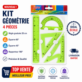 Kit de géométrie scolaire 4 pièces vert fluorescent comprenant une règle graduée de 20 cm
